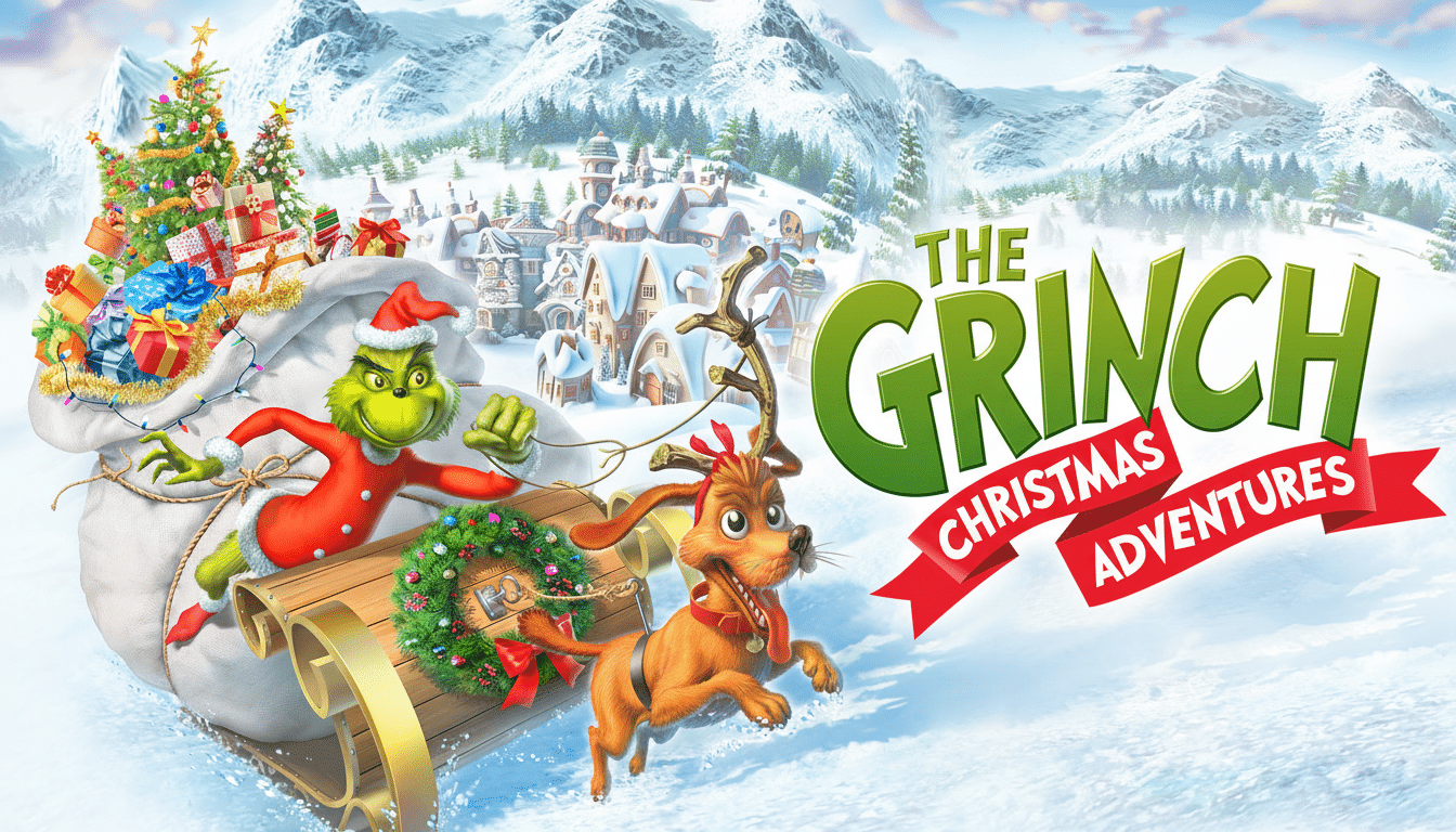The Grinch and Max on a sleigh, with a Christmas tree and presents, against a snowy mountain village backdrop.