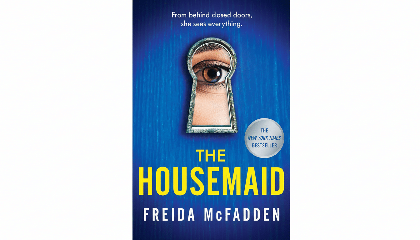 The book cover for The Housemaid by Freida McFadden, featuring a keyhole with an eye looking through it, set against a blue background. The text From behind closed doors, she sees everything. is at the top, and THE NEW YORK TIMES BESTSELLER is in a silver oval.