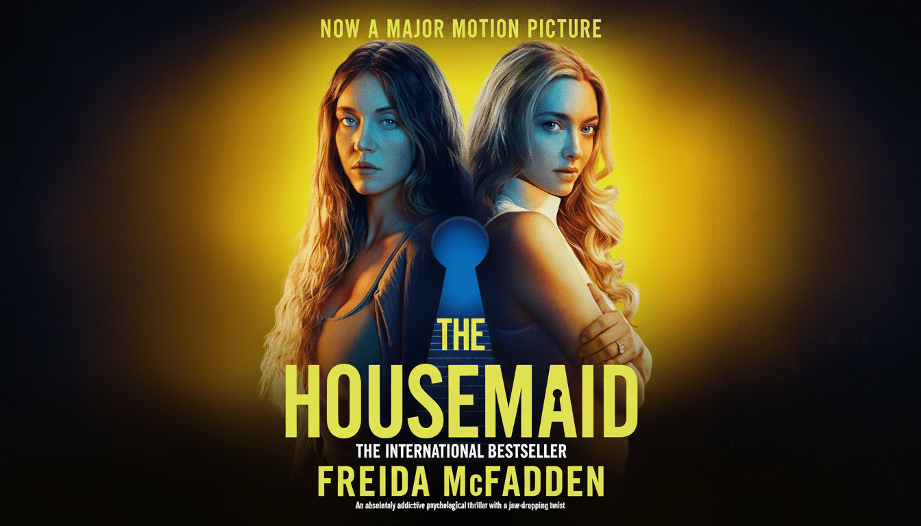 The book cover for The Housemaid by Freida McFadden, featuring two women with long hair, one with blue eyes and the other with green eyes, standing back-to-back with a keyhole shape between them. The title THE HOUSEMAID is prominently displayed in large yellow letters.