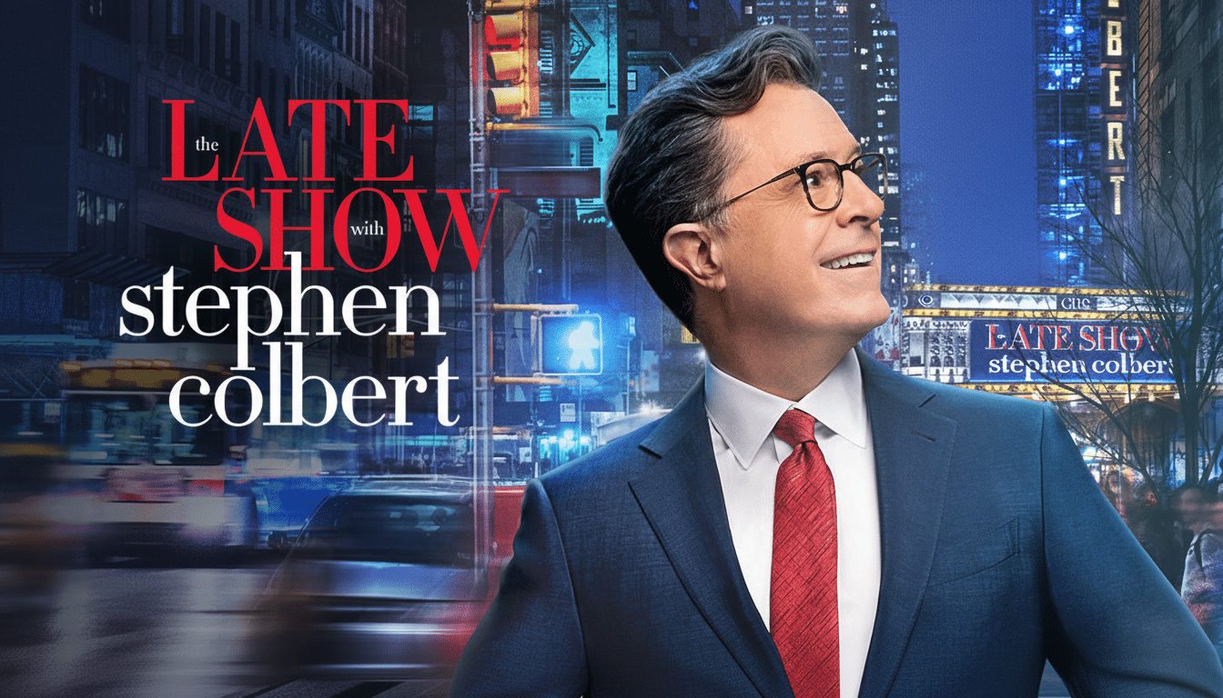 Stephen Colbert in a suit and red tie, smiling and looking to the right, with The Late Show with Stephen Colbert logo on the left and a blurred city street background at night.