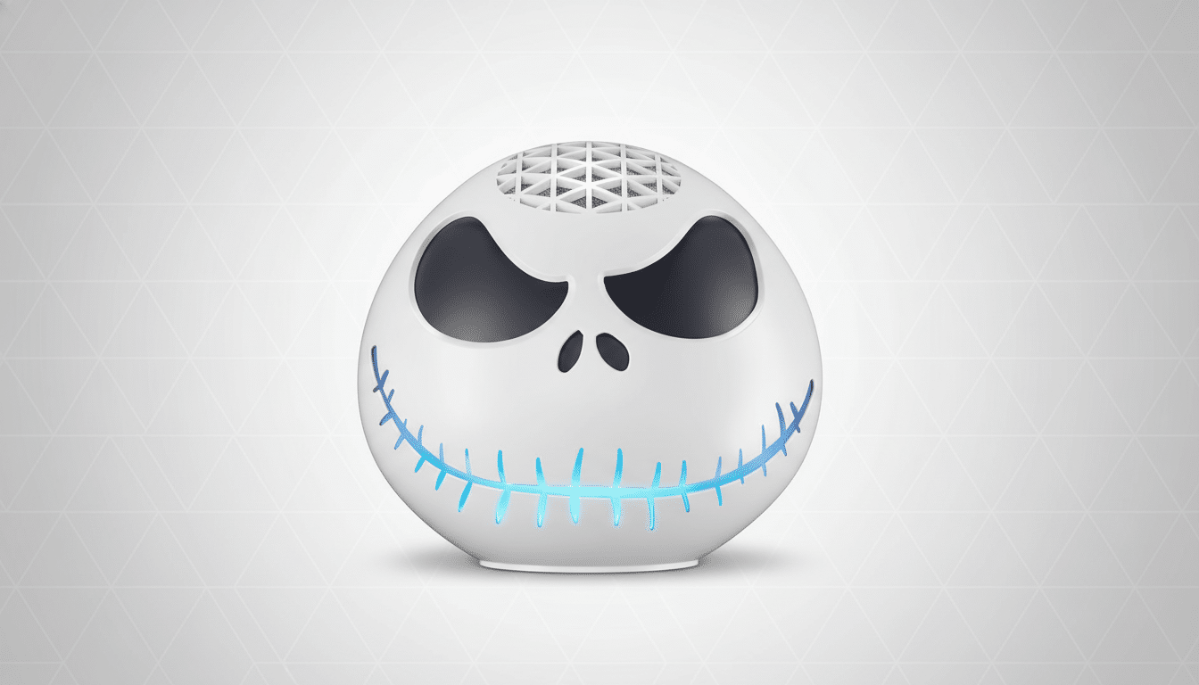 A white spherical speaker designed to look like Jack Skellingtons head, with black eye sockets and nose holes, and a glowing blue stitched mouth, set against a professional light gray background with subtle geometric patterns.