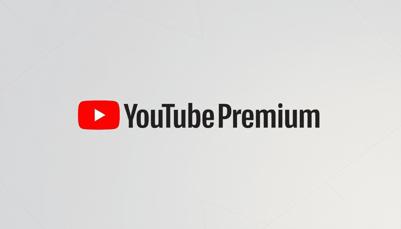 The YouTube Premium logo, featuring the red play button icon and YouTube Premium text in black, centered on a professional light gray background with subtle geometric patterns.