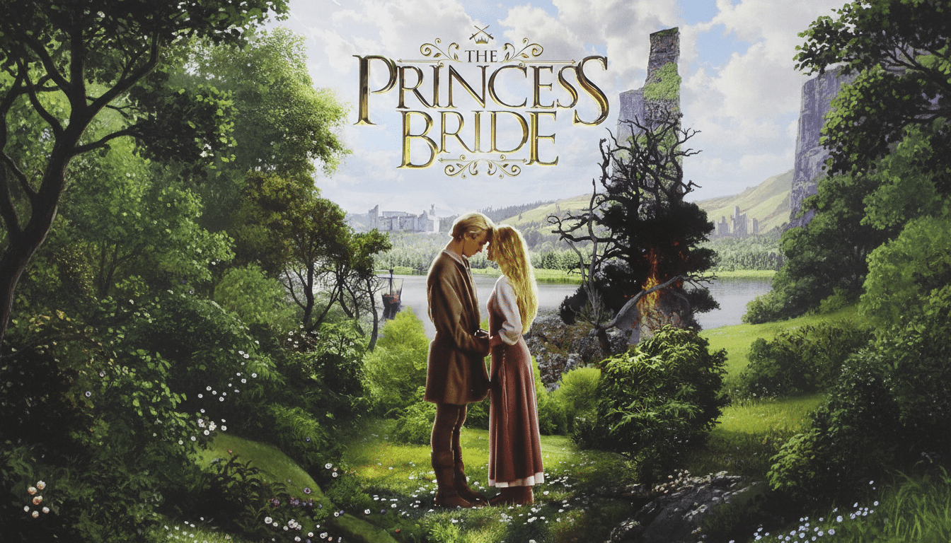 The movie poster for The Princess Bride in a 16:9 aspect ratio, showing Westley and Buttercup embracing in a lush green landscape with a castle and a ship in the background.