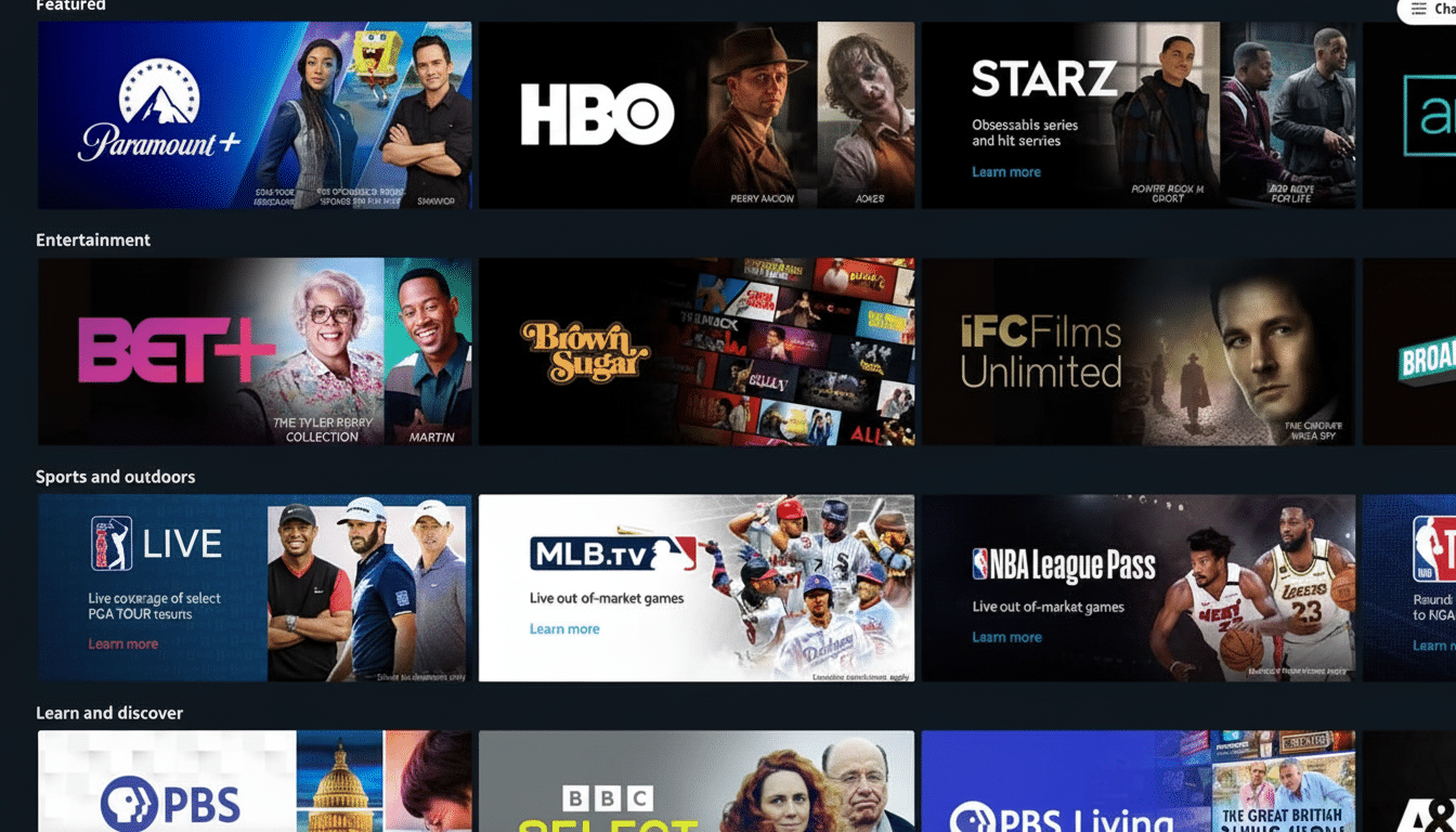 A screenshot of the Amazon Prime Video interface, showcasing various streaming channels and content categories.