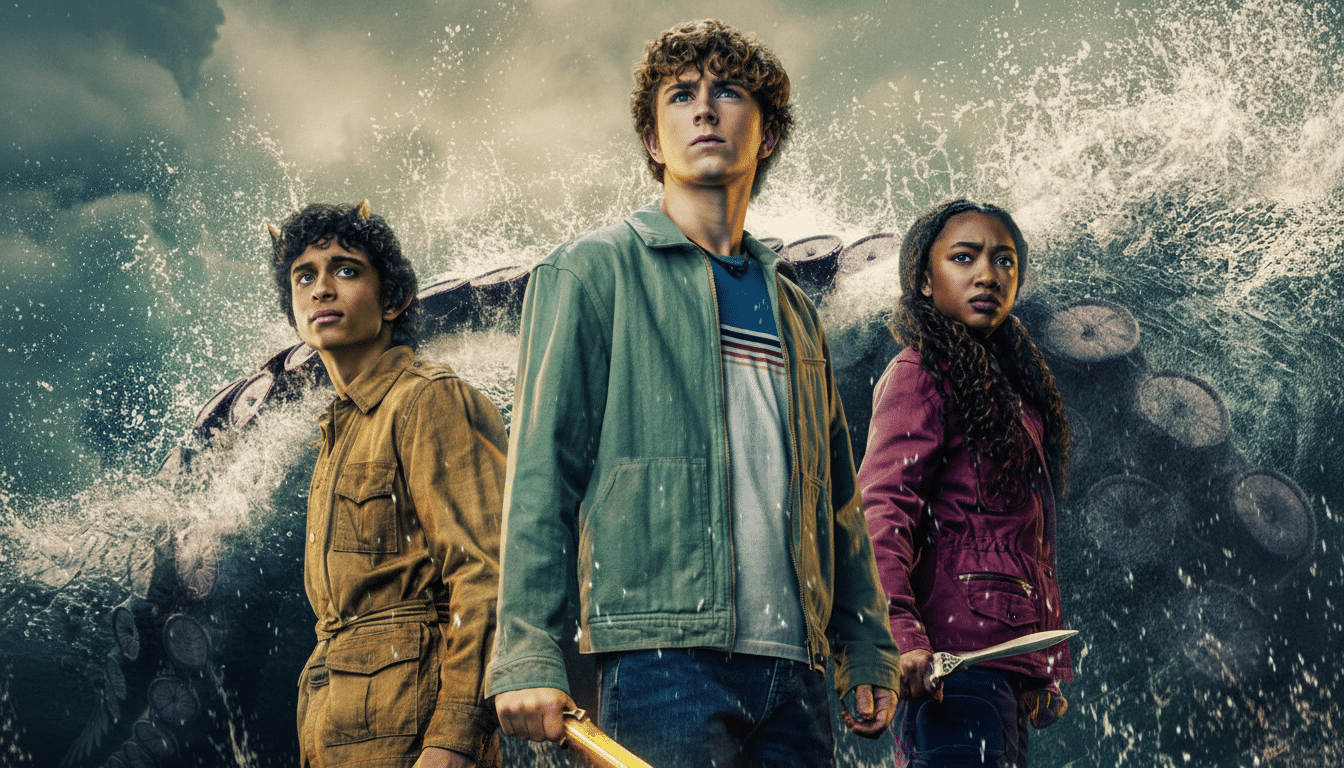 Three young people, two boys and a girl, stand in front of a stormy sea with large tentacles visible in the background. The central boy holds a glowing staff.