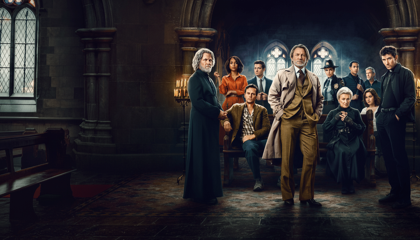 A group of diverse individuals, including a priest, a detective, and other characters, are gathered in a dimly lit, gothic-style church interior.