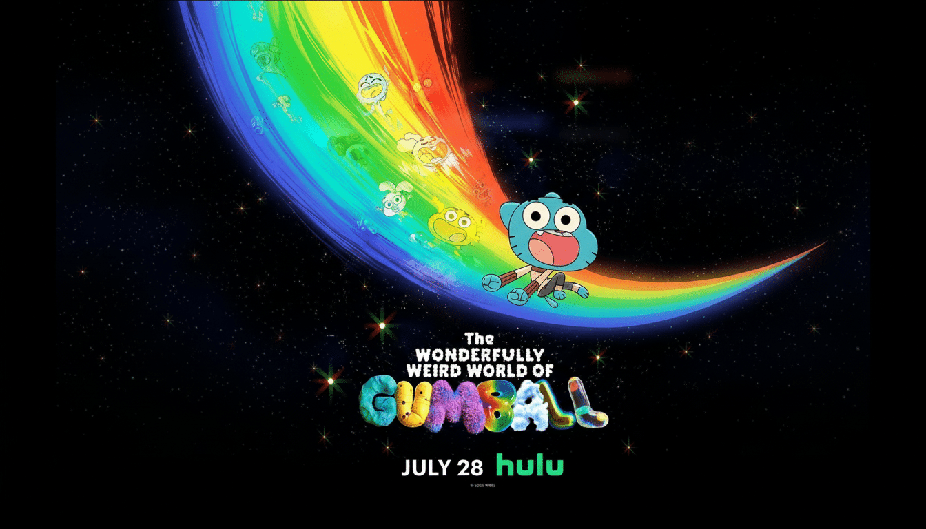 A 16:9 aspect ratio image of The Wonderfully Weird World of Gumball poster, featuring Gumball and other characters on a rainbow against a starry black background, with the release date JULY 28 hulu at the bottom.