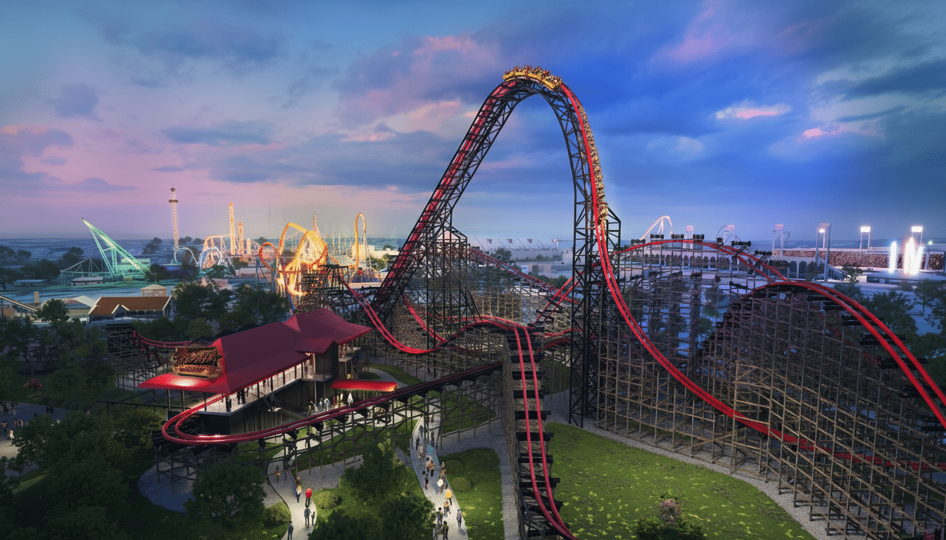 A wide shot of a large amusement park at dusk, featuring a prominent red and black roller coaster with a steep drop and several inversions. Other rides and attractions are visible in the background, all illuminated against a colorful sky.