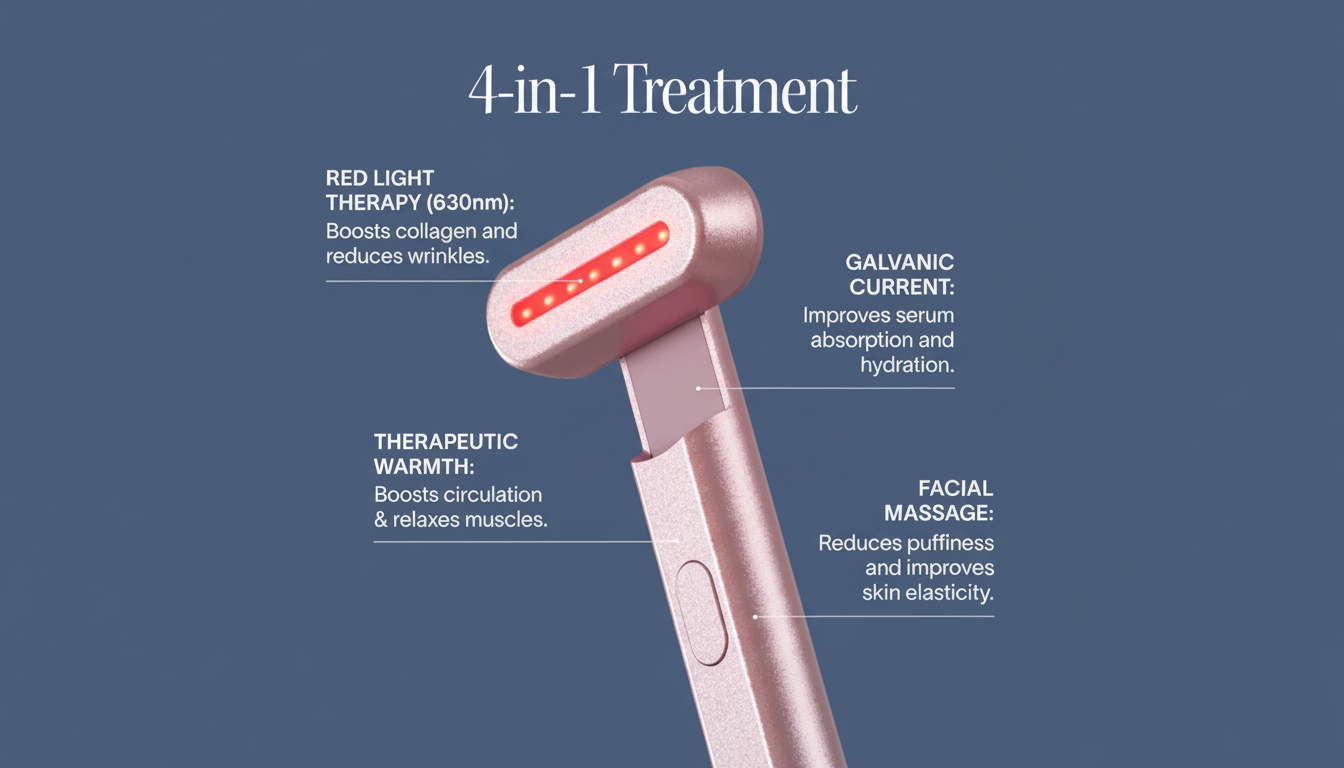 A 16:9 aspect ratio image of a rose gold 4-in-1 facial treatment device with red light therapy, galvanic current, therapeutic warmth, and facial massage features, set against a professional flat design background with soft patterns.