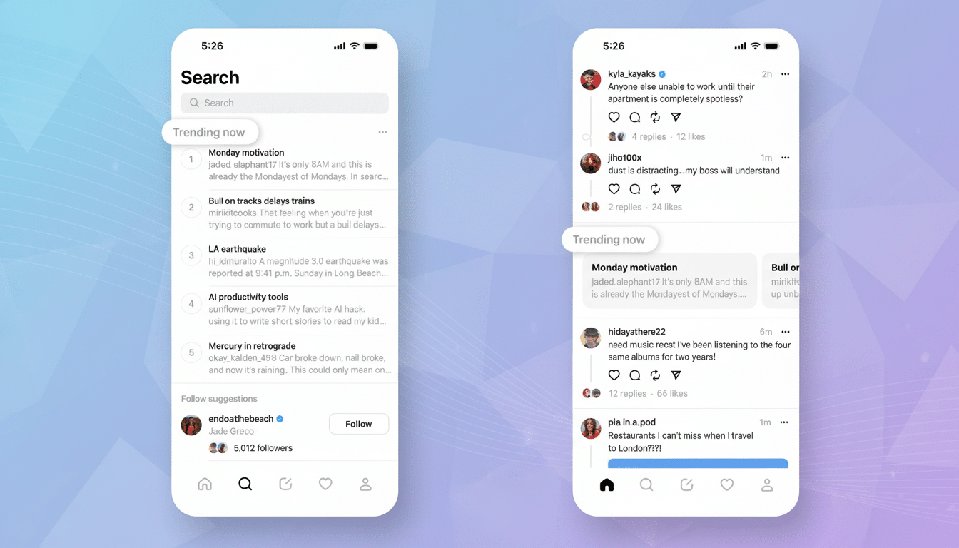 A 16:9 aspect ratio image showing two mobile phone screens displaying social media interfaces. The left screen shows a Search page with trending topics, and the right screen shows a feed with posts and a Trending now section. The background is a professional flat design with soft patterns and gradients.
