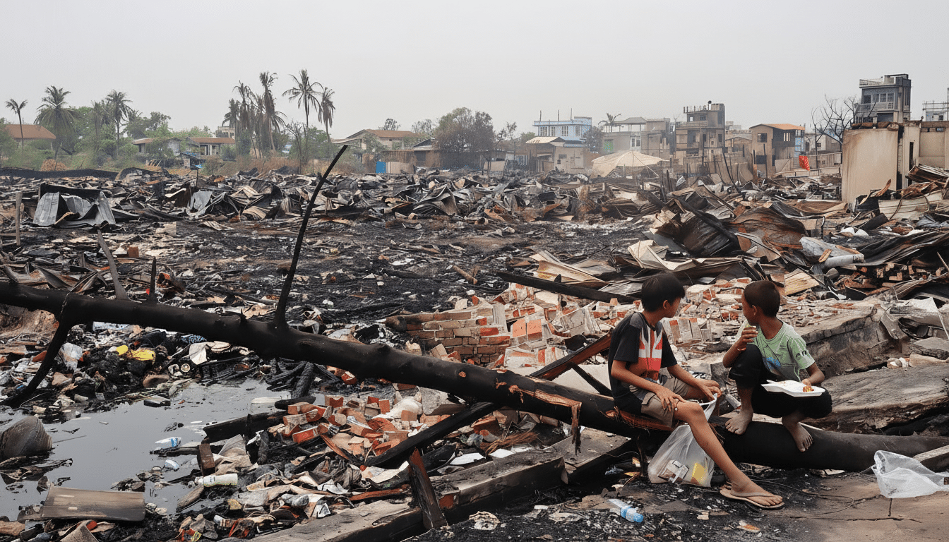 Two boys sit on a charred log amidst the rubble and debris of a destroyed settlement, with a hazy sky and distant buildings in the background.