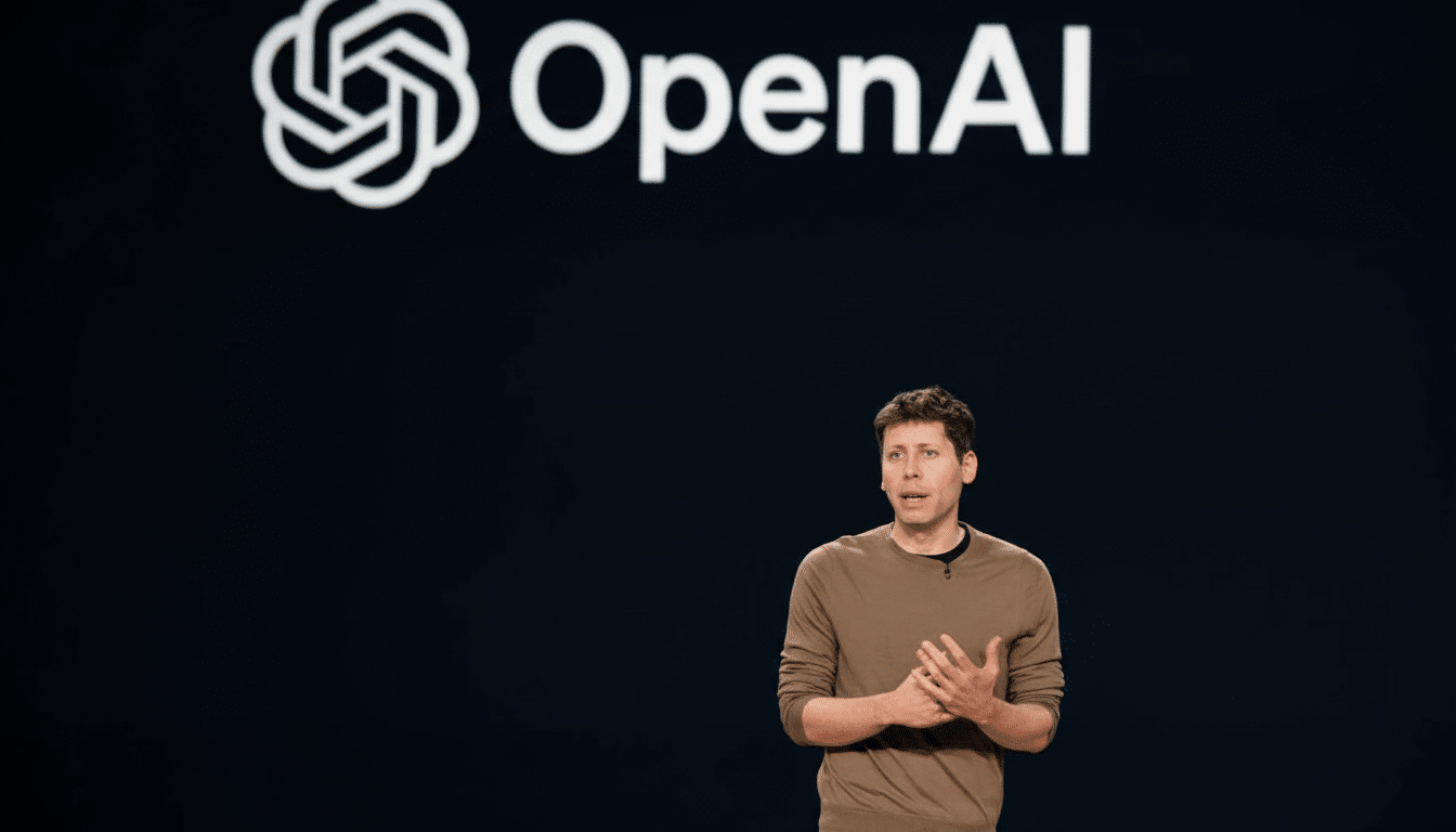 Sam Altman, CEO of OpenAI, stands on a stage in front of a large screen displaying the OpenAI logo.