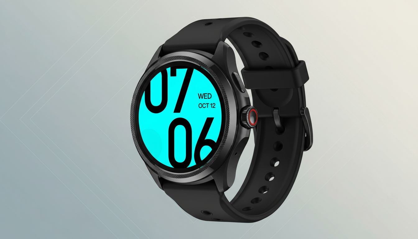 A black smartwatch with a bright blue screen displaying 07 06 and WED OCT 12 on a professional light gray background with subtle geometric patterns.