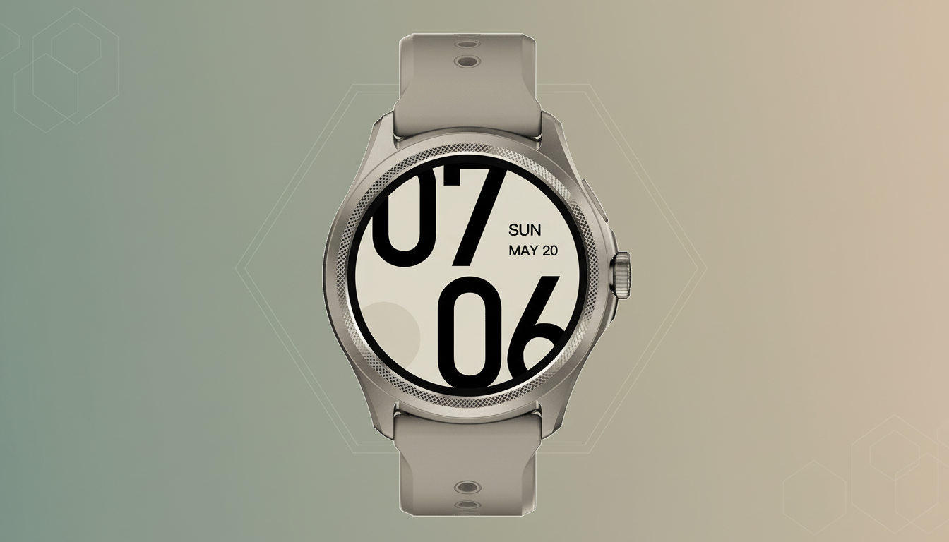 A professional image of a smartwatch with a light beige band and a display showing 07 06 in large black numbers, with SUN MAY 20 in smaller text. The background is a soft gradient from light green to light orange with subtle geometric patterns.
