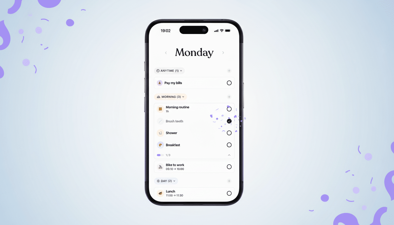 A smartphone displaying a Monday to-do list app with various tasks, set against a professional flat design background with soft patterns.