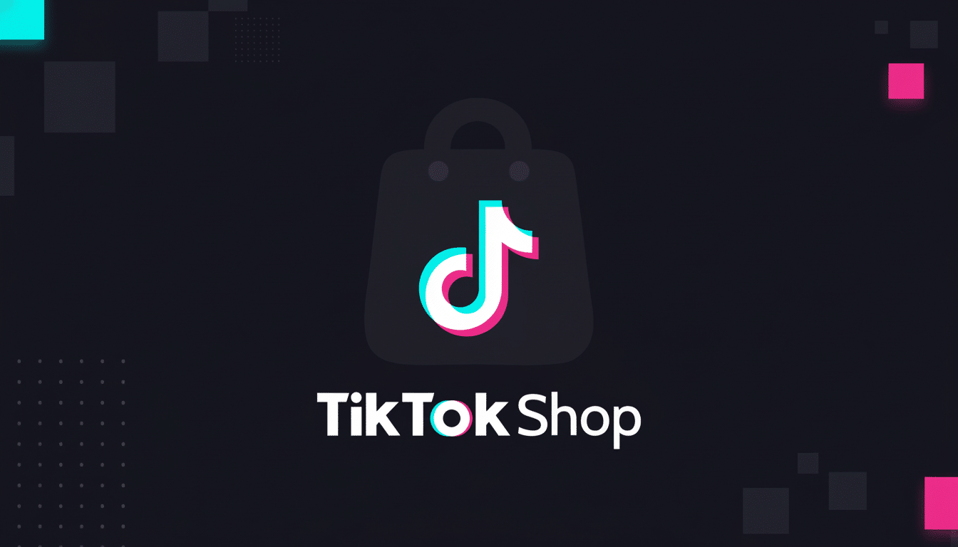 The TikTok Shop logo, featuring the TikTok icon within a shopping bag silhouette, centered on a dark background with subtle geometric patterns in blue and pink.