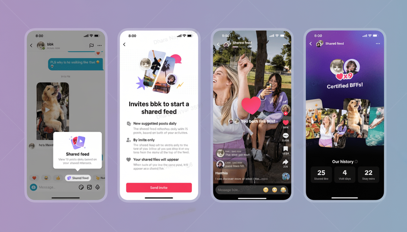A 16:9 aspect ratio image showing four mobile phone screens displaying a Shared Feed feature. The first screen shows a chat with a dog picture and a Shared feed pop-up. The second screen is an invitation to start a shared feed. The third screen shows two women interacting with a shared feed, and the fourth screen displays a Certified BFFs badge and Our history statistics.