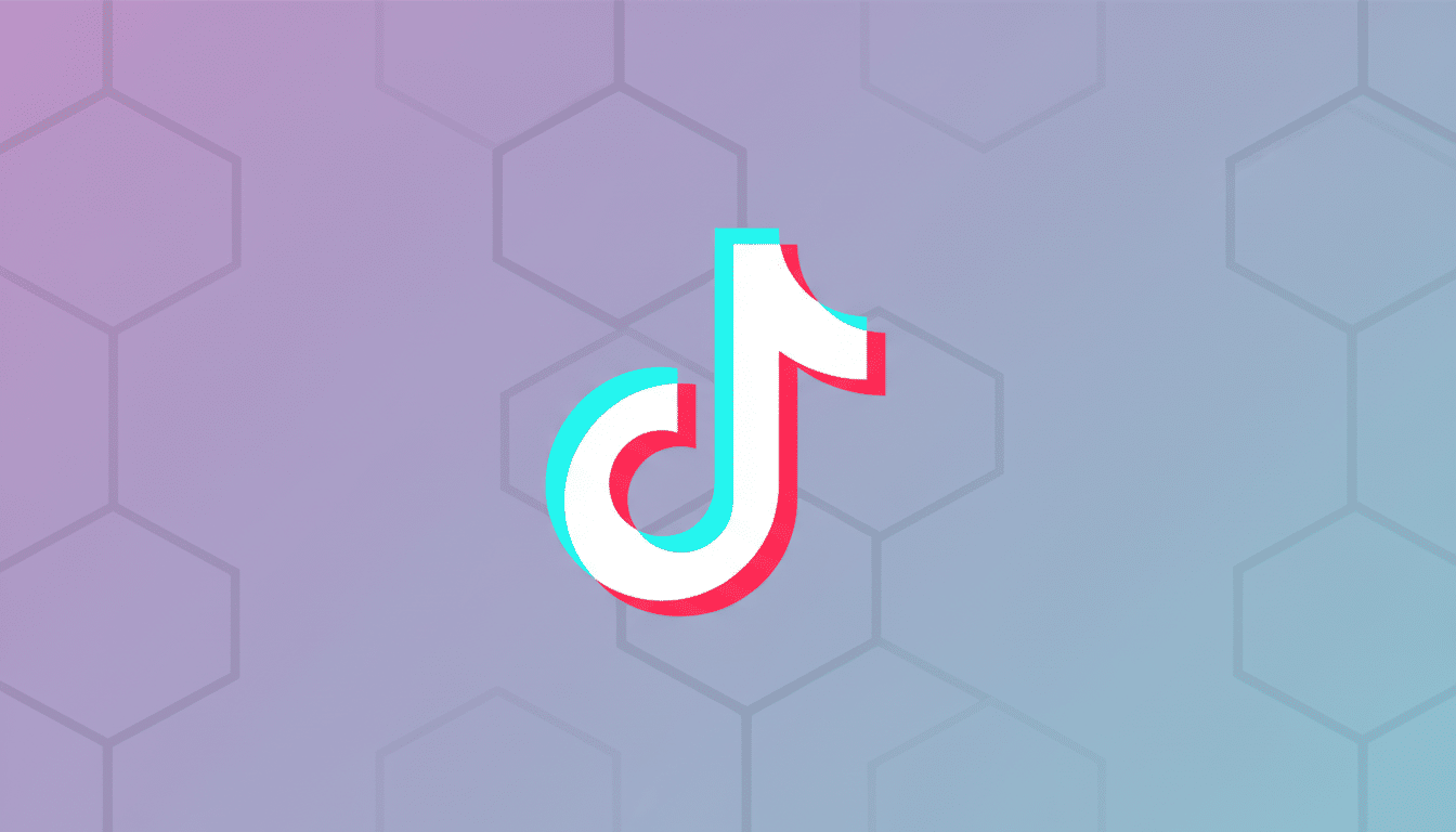 The TikTok logo, a white musical note with cyan and red shadows, centered on a professional flat design background with a soft purple to blue gradient and subtle hexagonal patterns.