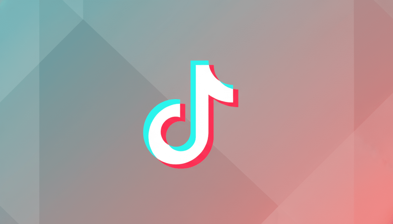 The TikTok logo, a white musical note with cyan and red shadows, centered on a professional flat design background with soft gray, cyan, and red gradients and subtle geometric patterns.