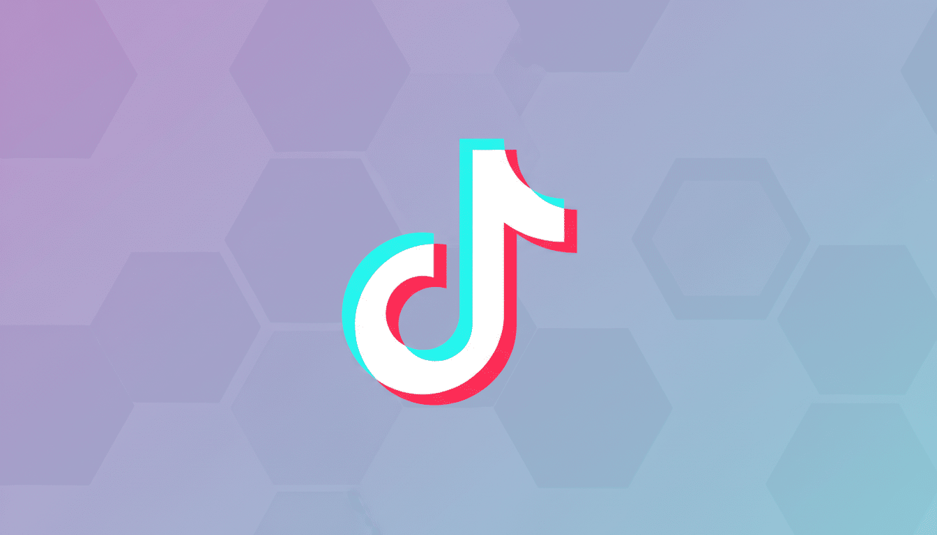 The TikTok logo, a white musical note with cyan and red shadows, centered on a professional flat design background with soft purple and blue gradients and subtle hexagonal patterns.