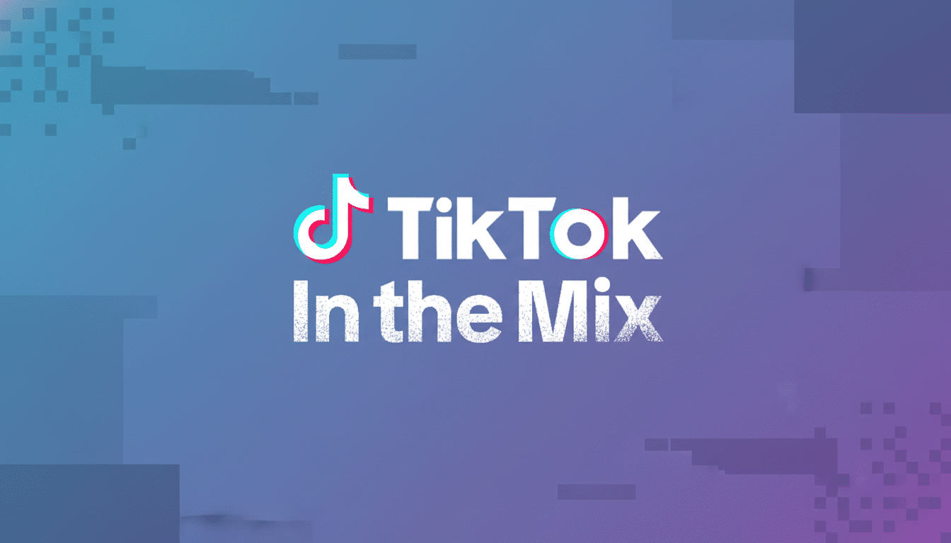 The TikTok In the Mix logo is displayed on a professional flat design background with soft blue and purple gradients and subtle geometric patterns.