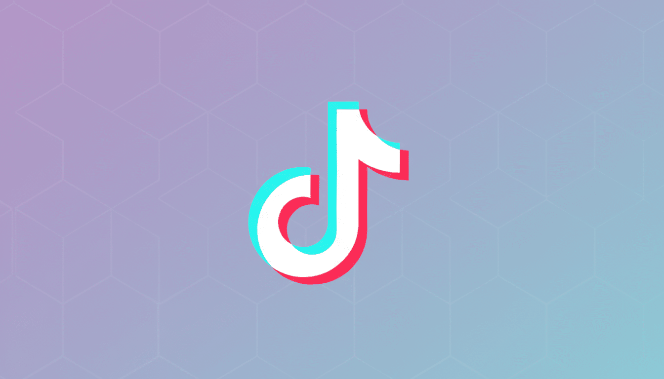 The TikTok logo, a white musical note with cyan and red shadows, centered on a professional 16:9 background with a soft purple and blue gradient and subtle geometric patterns.