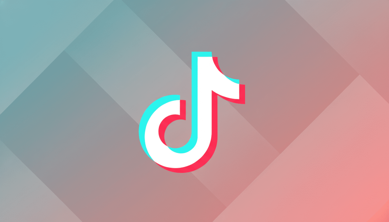 The TikTok logo, a white musical note with cyan and red shadows, centered on a professional flat design background with soft geometric patterns and a gradient from blue-grey to pink.