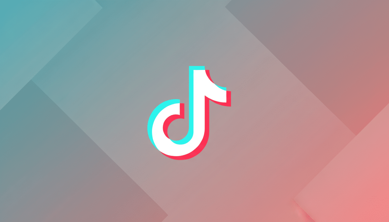 The TikTok logo, a white musical note with cyan and red shadows, centered on a professional flat design background with soft gradients transitioning from teal to pink and subtle geometric patterns.