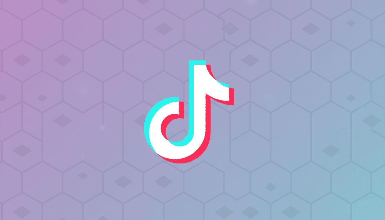 The TikTok logo, a white musical note with cyan and red shadows, centered on a professional flat design background with soft purple and blue gradients and a subtle hexagonal pattern.