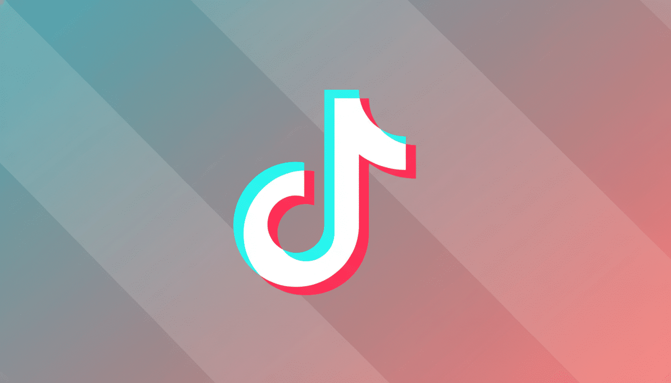 The TikTok logo, a white musical note with cyan and red shadows, centered on a professional flat design background with soft diagonal gradients transitioning from blue-grey to light red.