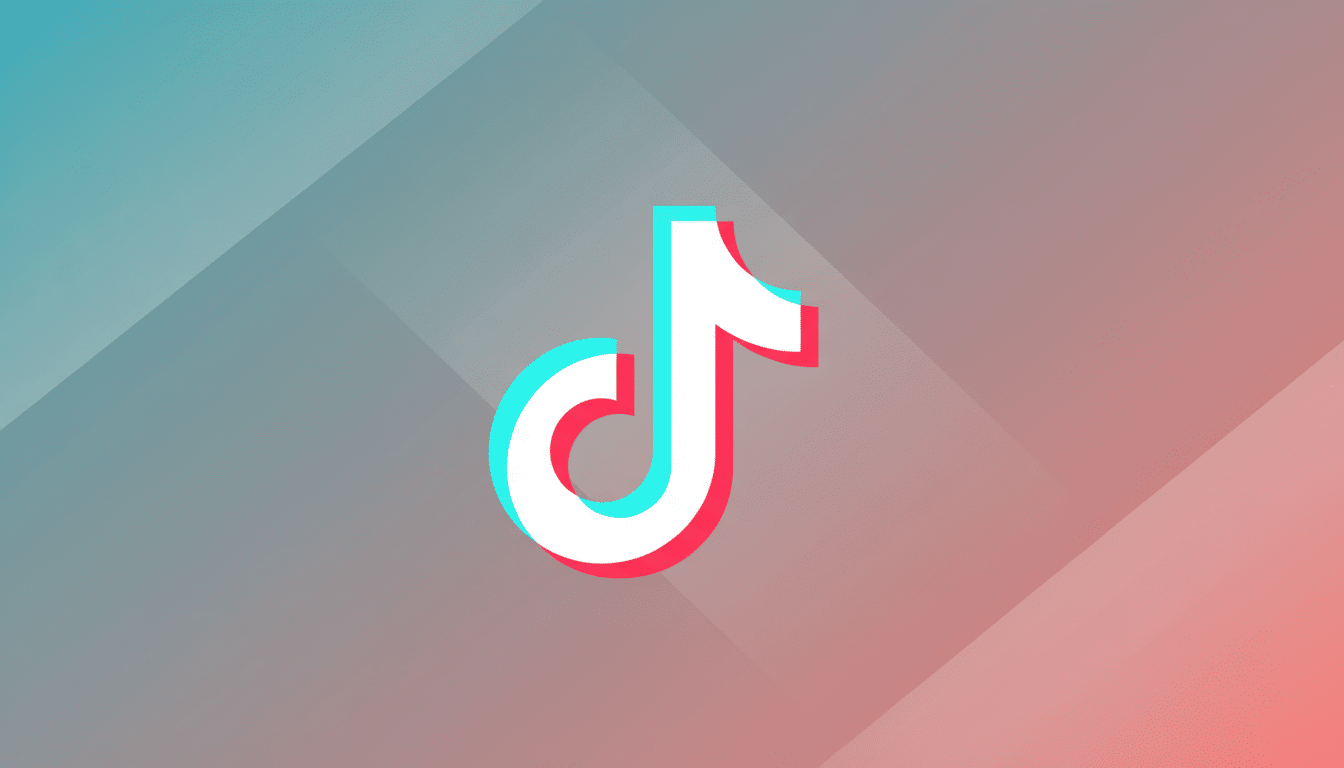 The TikTok logo, a white musical note with cyan and red shadows, centered on a professional flat design background with soft teal and coral gradients and subtle geometric patterns.
