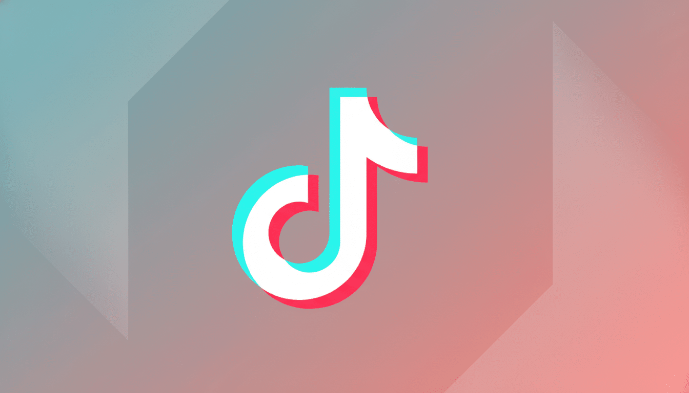 The TikTok logo, a white musical note with cyan and red shadows, centered on a professional flat design background with soft gray and pink gradients and subtle geometric patterns.