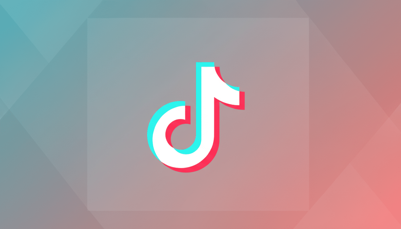 The TikTok logo, a white musical note with cyan and red shadows, centered on a professional flat design background with a soft gradient from teal to pink and subtle geometric patterns.