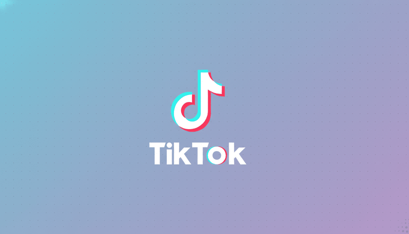 The TikTok logo, featuring a white musical note icon with cyan and red shadows, and the word TikTok in white text below it, centered on a professional 16:9 aspect ratio background with a soft gradient from light blue to light purple and a subtle dot pattern.