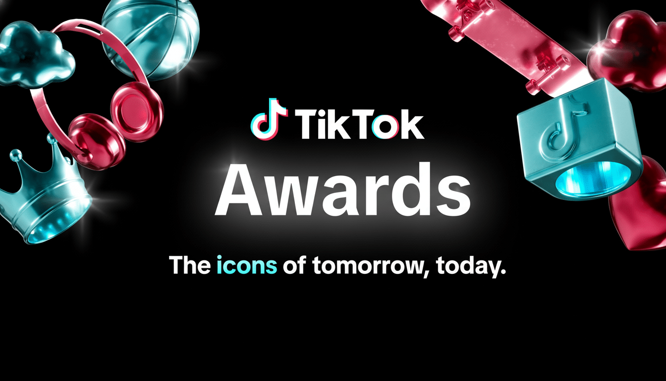 The TikTok Awards logo and text The icons of tomorrow, today on a black background, surrounded by various metallic, stylized objects like headphones, a crown, a skateboard, and a ring.
