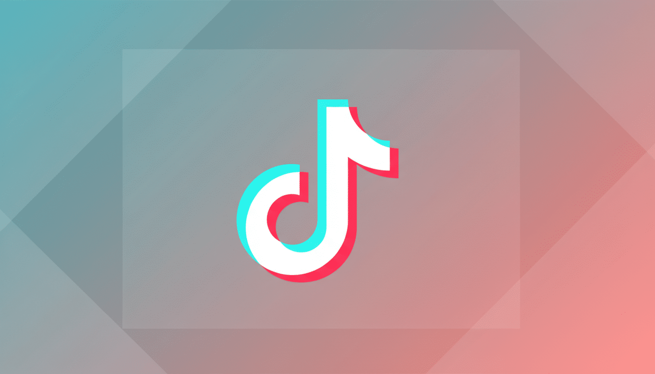 The TikTok logo, a white musical note with cyan and red shadows, centered on a professional 16:9 background with a soft gradient from teal to coral and subtle geometric patterns.