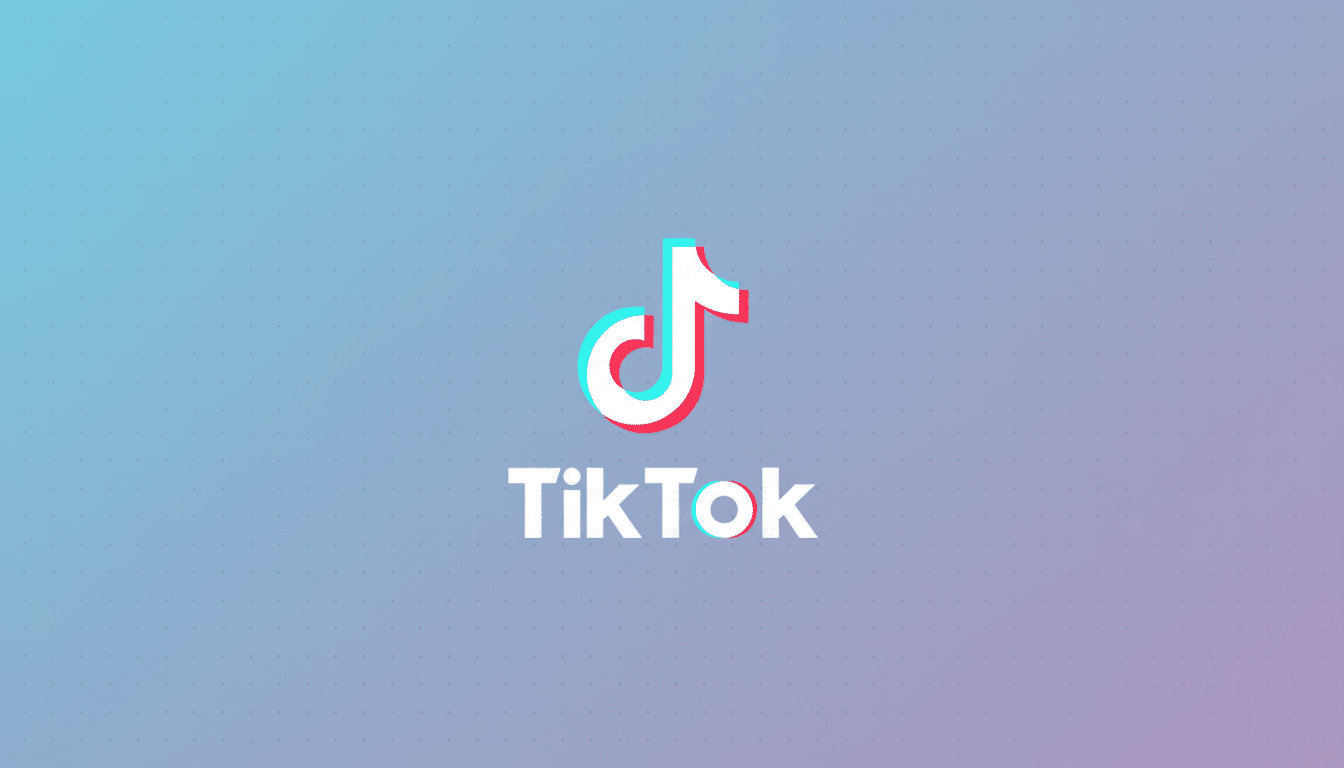 The TikTok logo, featuring a white musical note icon with cyan and red shadows, and the word TikTok in white text, centered on a professional flat design background with a soft blue and purple gradient and subtle dot patterns.