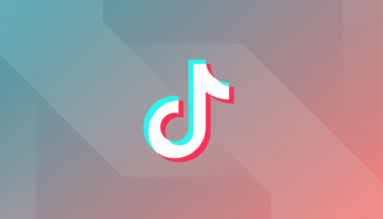 The TikTok logo, a white musical note with cyan and red shadows, centered on a professional flat design background with a soft gradient from teal to pink and subtle geometric patterns.