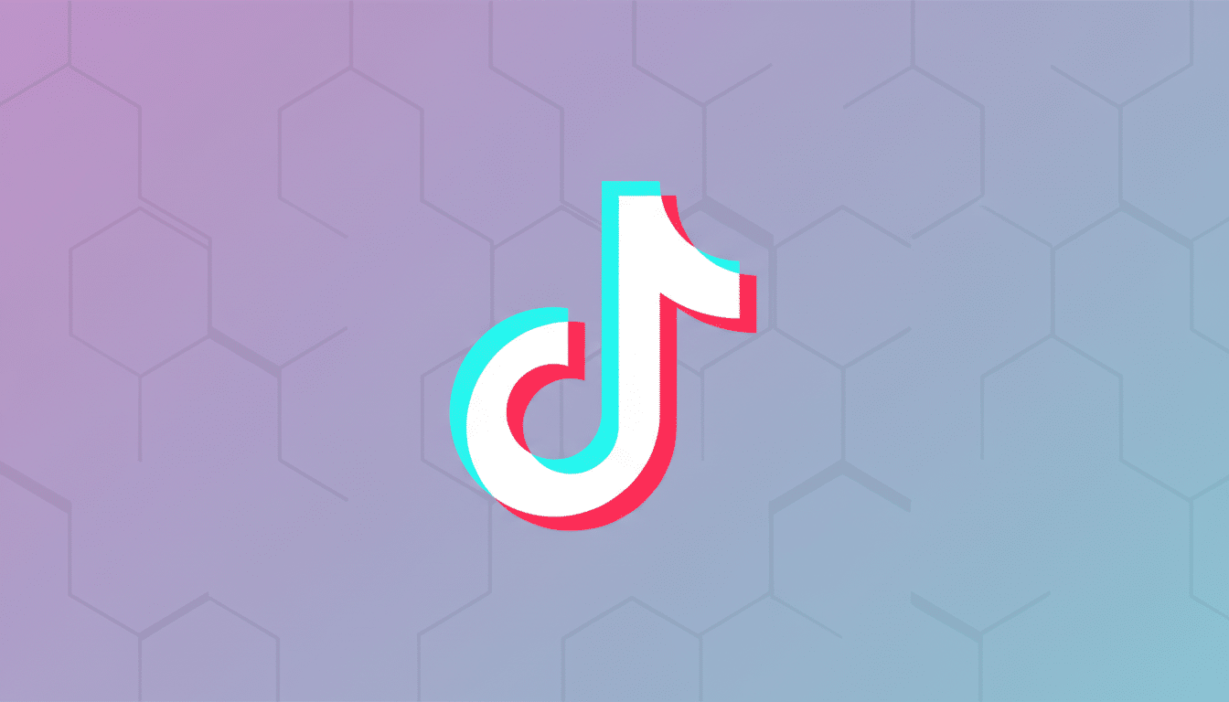 The TikTok logo, a white musical note with cyan and red shadows, centered on a professional 16:9 background with a soft purple to blue gradient and subtle hexagonal patterns.
