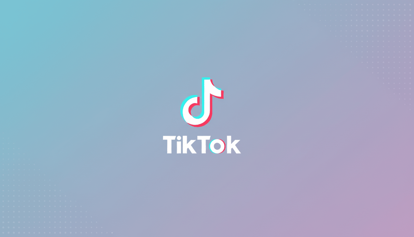 The TikTok logo, featuring a white musical note icon with cyan and red outlines, and the word TikTok in white text, centered on a professional flat design background with a soft gradient from light blue to light purple and subtle dotted patterns in the corners.