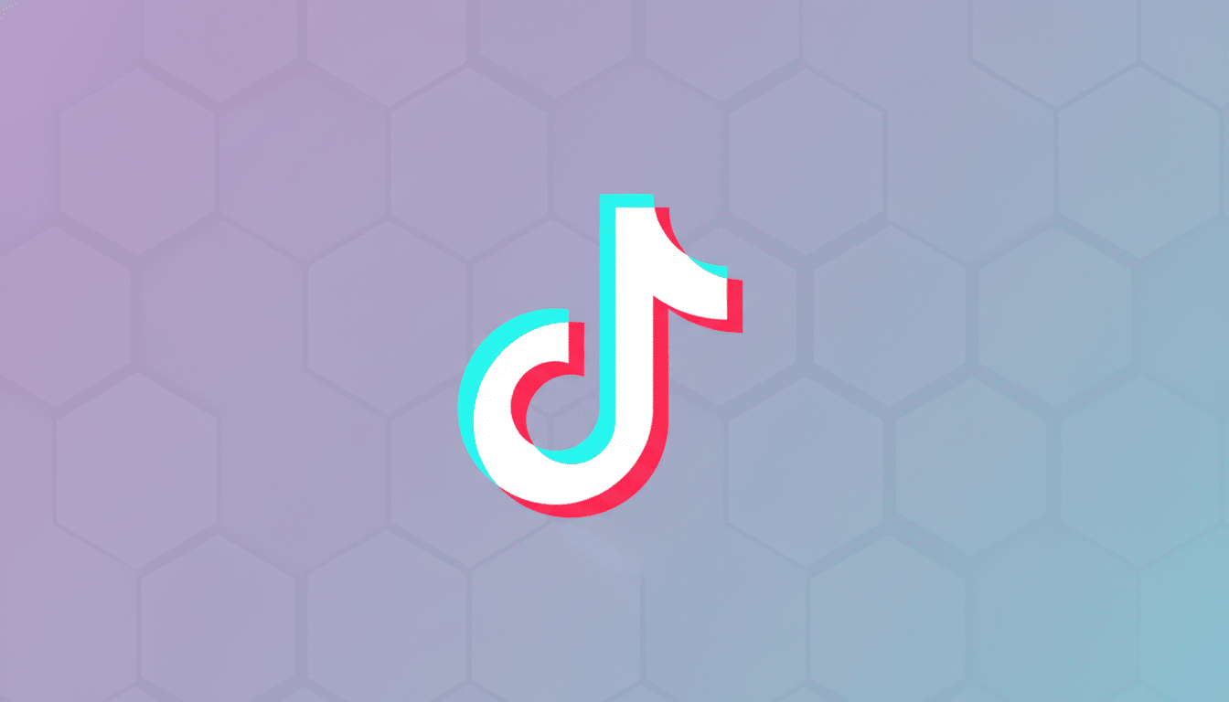The TikTok logo, a white musical note with cyan and red shadows, centered on a professional 16:9 background with a soft purple-to-blue gradient and subtle hexagonal patterns.
