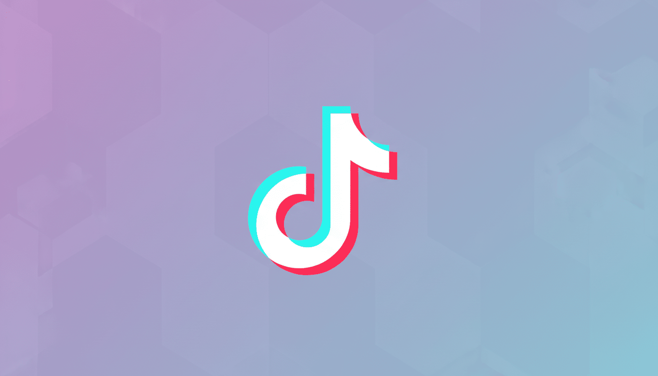 The TikTok logo, a white musical note with cyan and red shadows, centered on a professional flat design background with soft purple and blue gradients and subtle hexagonal patterns.