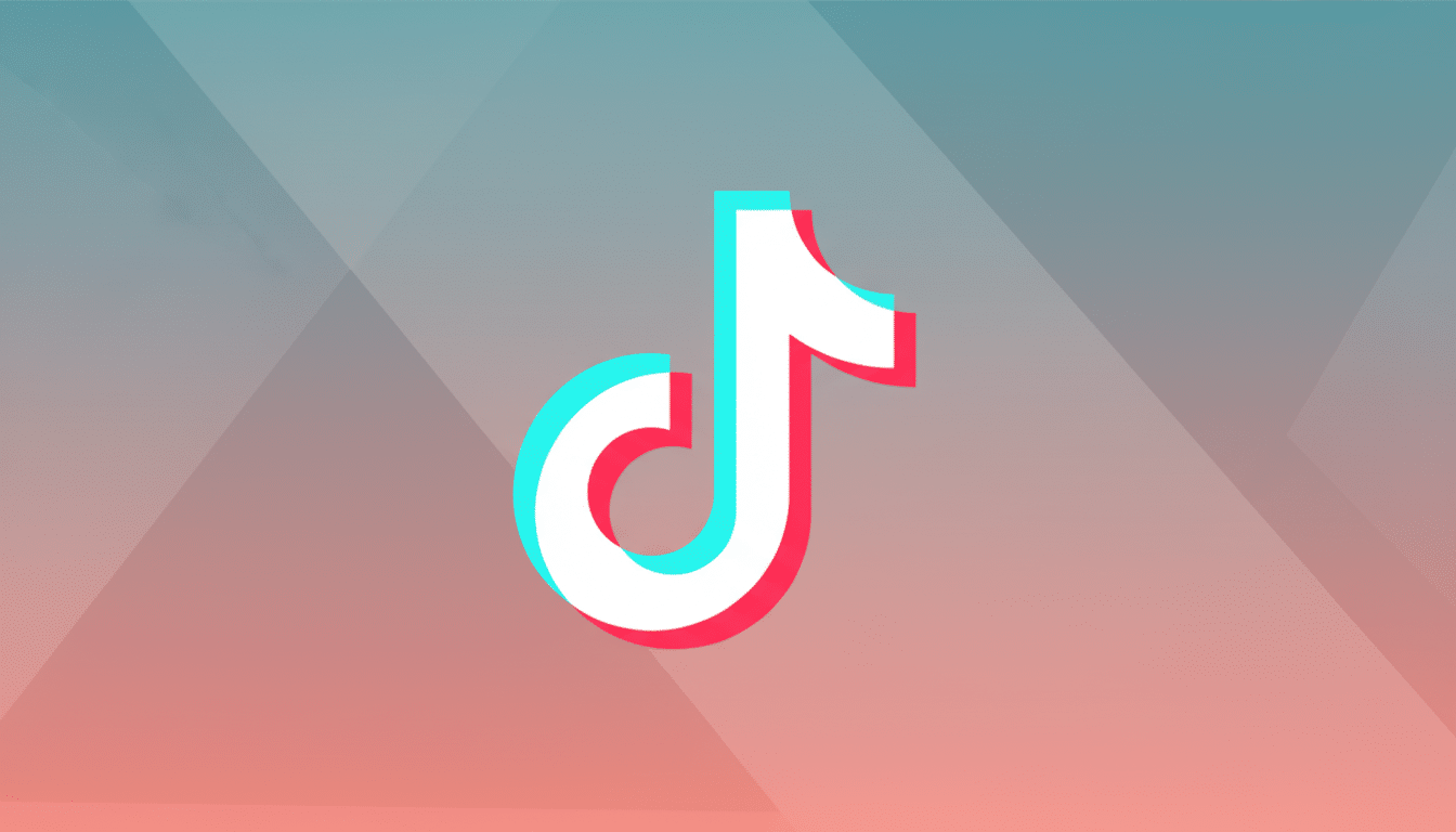 The TikTok logo, a white musical note with cyan and red shadows, centered on a professional 16:9 background with a soft gradient from teal to coral and subtle geometric patterns.