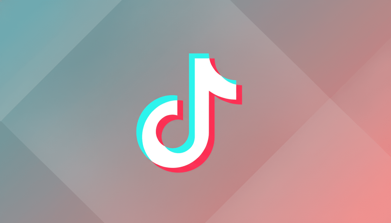The TikTok logo, a white musical note with cyan and red shadows, centered on a professional flat design background with soft gray, cyan, and red gradients and subtle geometric patterns.