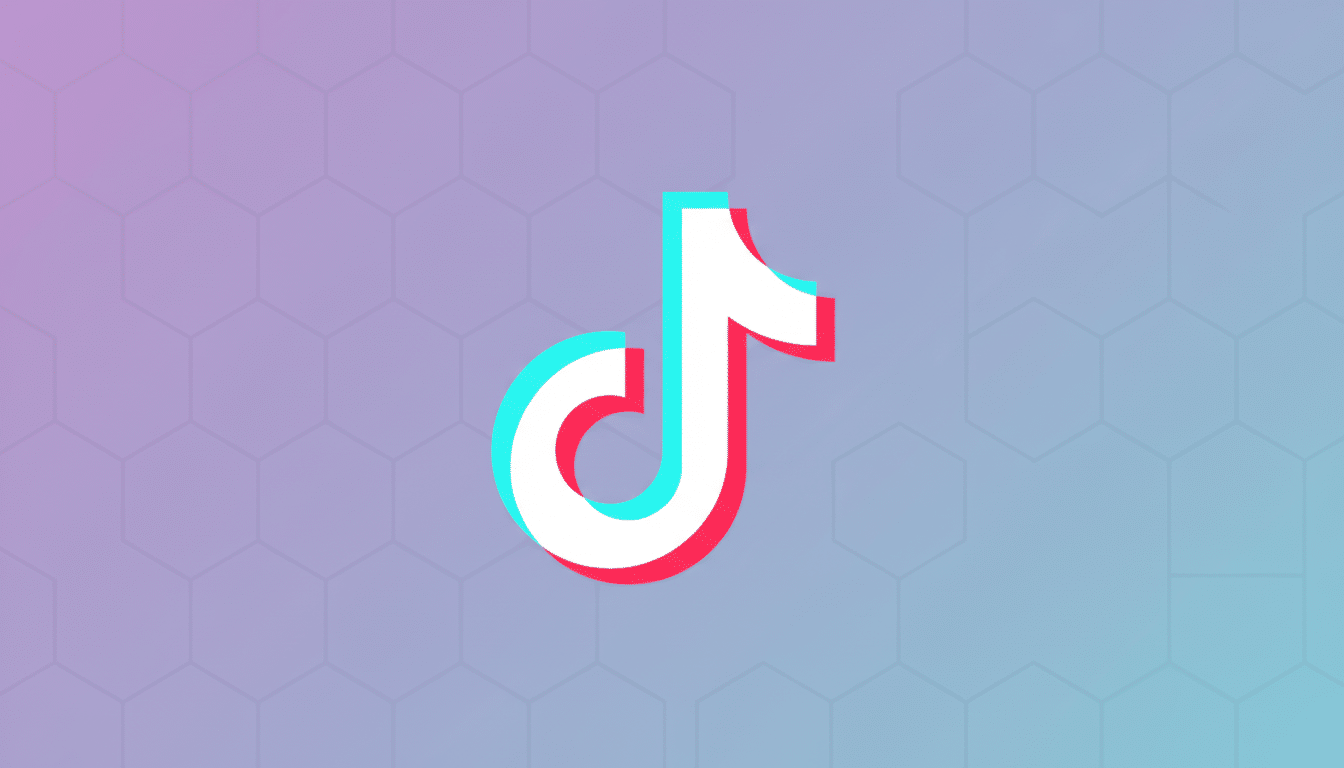 The TikTok logo, a white musical note with cyan and red shadows, centered on a professional flat design background with a soft purple to blue gradient and subtle hexagonal patterns.
