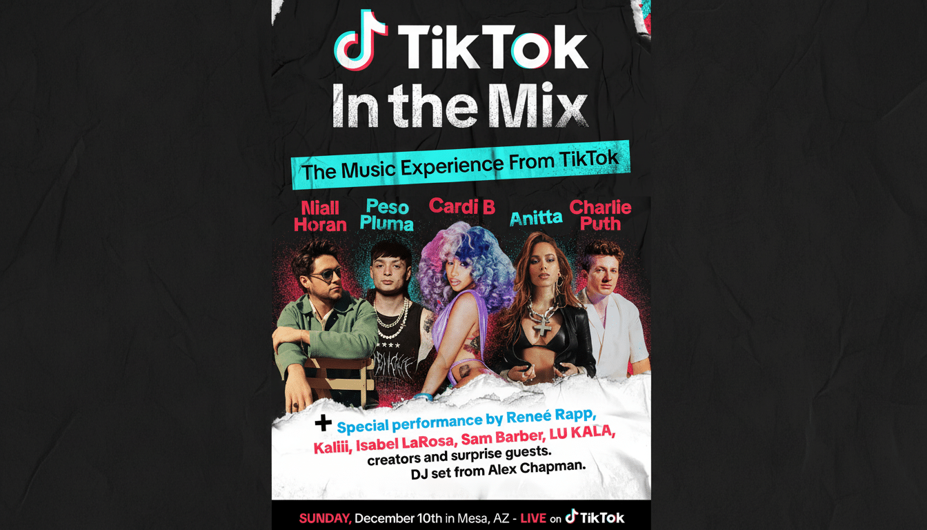 A promotional poster for TikTok In the Mix, featuring artists Niall Horan, Peso Pluma, Cardi B, Anitta, and Charlie Puth, with details about special performances and the event date.