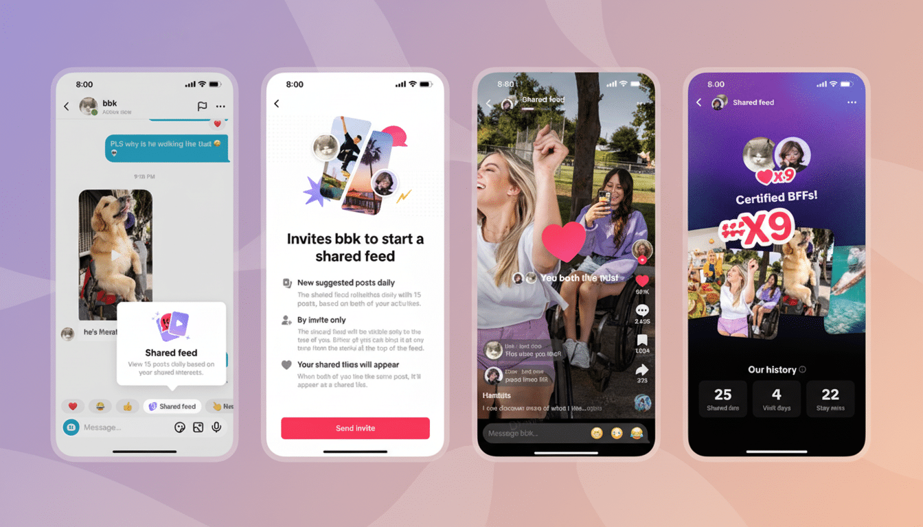 Four smartphone screens displaying a Shared Feed feature, with the first screen showing a chat with a dog image, the second an invitation screen, the third a video feed with two women, and the fourth a profile screen with Certified BFFs! and shared content.