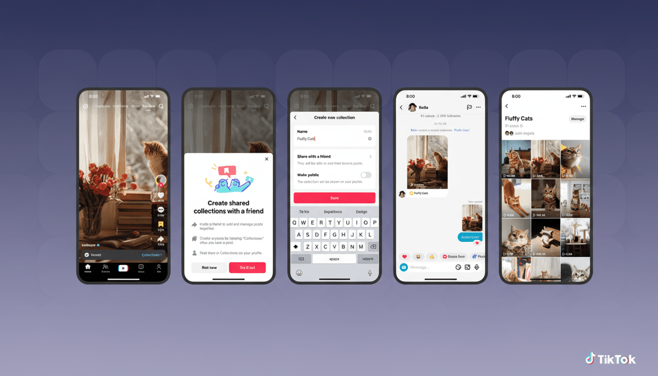 A 16:9 aspect ratio image showcasing five mobile phone screens displaying various interfaces of the TikTok app, with a focus on a Fluffy Cats collection.