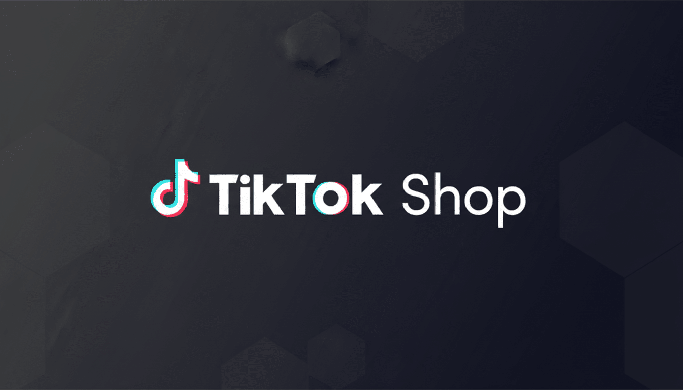 The TikTok Shop logo, featuring the white text TikTok Shop with the iconic TikTok music note symbol, set against a professional dark gray background with subtle hexagonal patterns.
