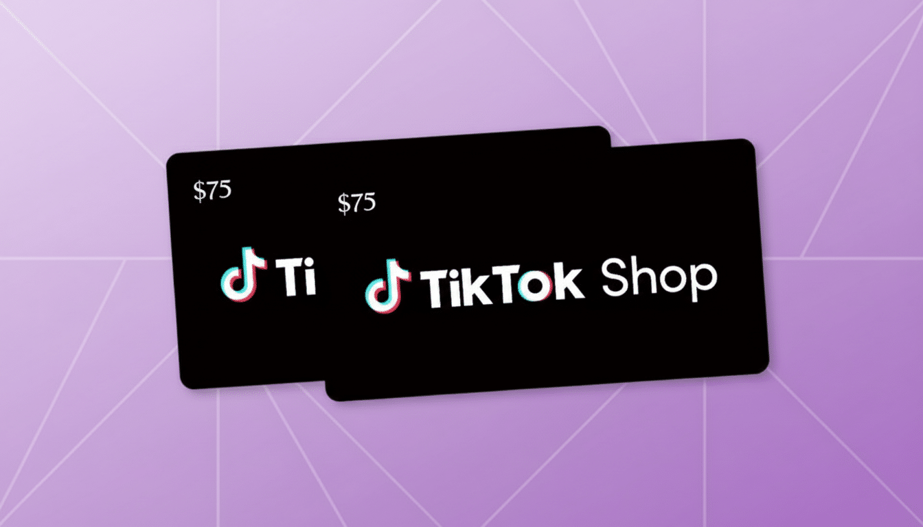 Two black gift cards for TikTok Shop, each displaying $75 and the TikTok logo, set against a purple background with a subtle geometric pattern.
